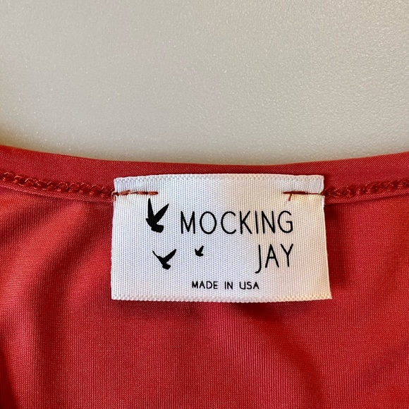 New, Mocking Jay Red Coral Stretchy Short Sleeves V-Neck Bodysuit. Size Small. - Picture 5 of 5